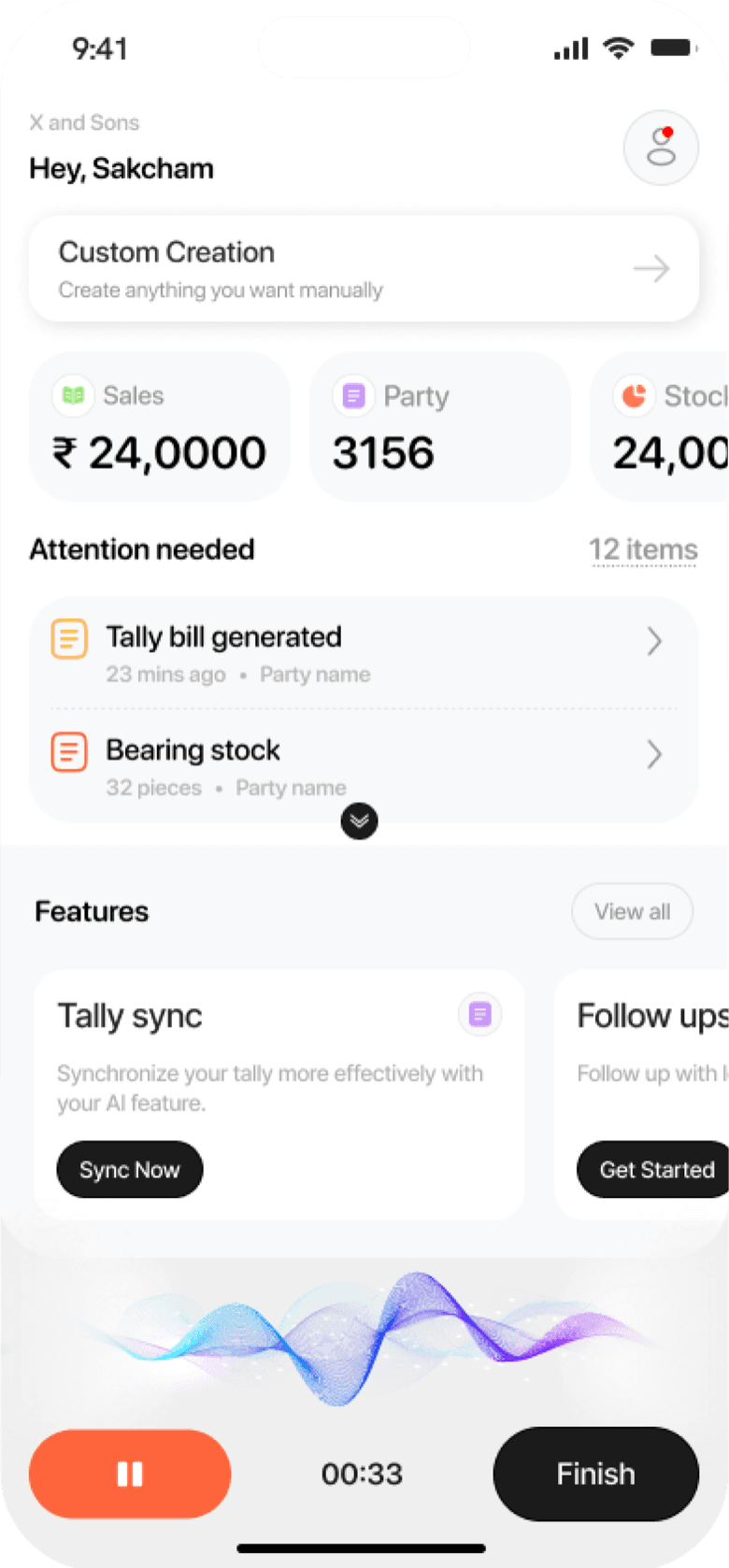 Project X app: a business dashboard with sales, party and stock totals, items needing attention, and a voice recording in progress